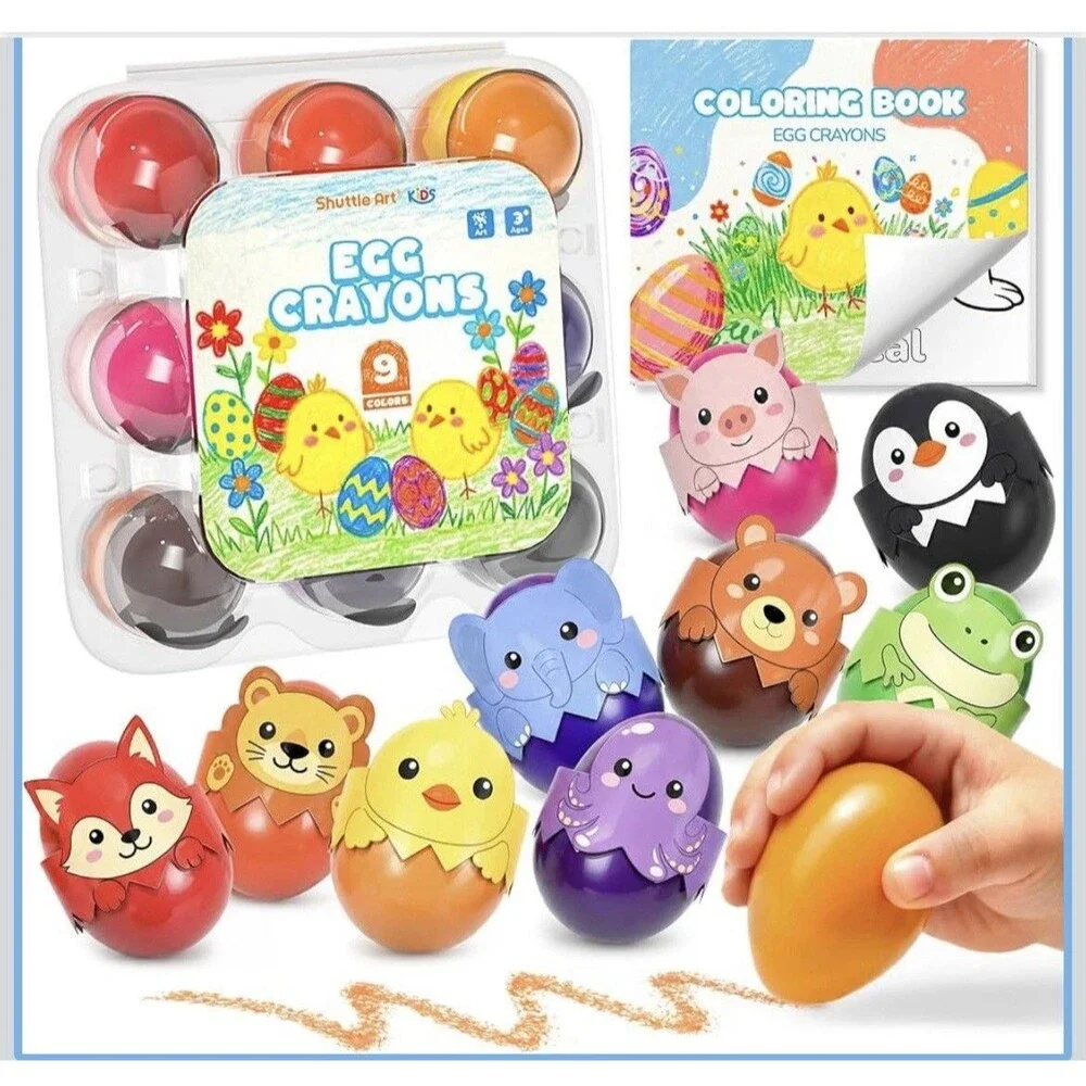 Shuttle Art Jumbo Egg Crayons 9 Colors Washable Toddlers 1-3 Coloring Book Set